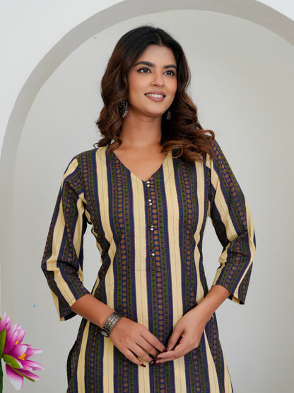 Blue Beige Stripes Cotton Kurti