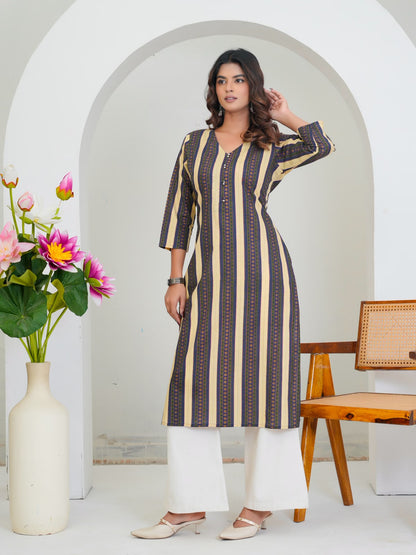 Blue Beige Stripes Cotton Kurti