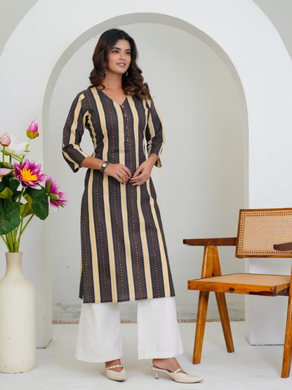 Blue Beige Stripes Cotton Kurti
