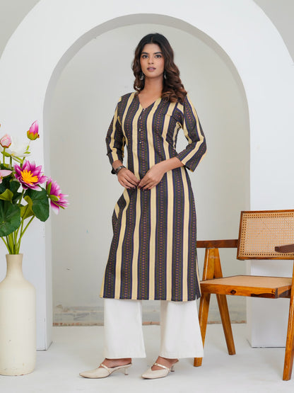 Blue Beige Stripes Cotton Kurti