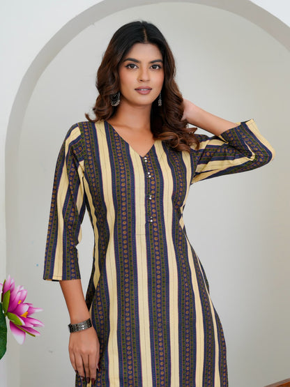 Blue Beige Stripes Cotton Kurti