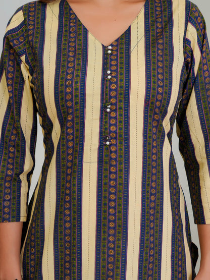 Blue Beige Stripes Cotton Kurti