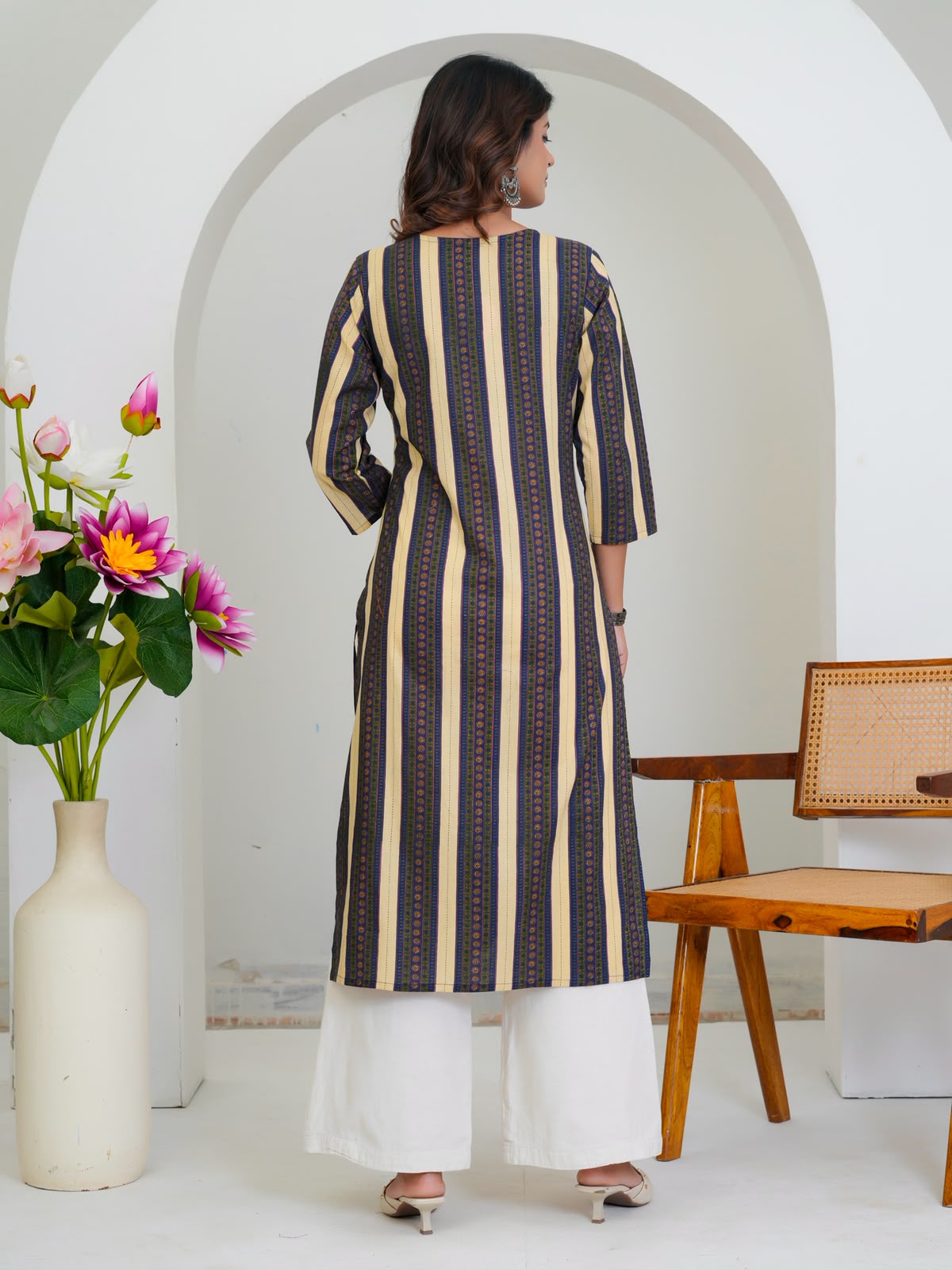 Blue Beige Stripes Cotton Kurti