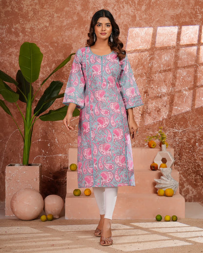 Blue Paisley Cotton Pakistani Kurti