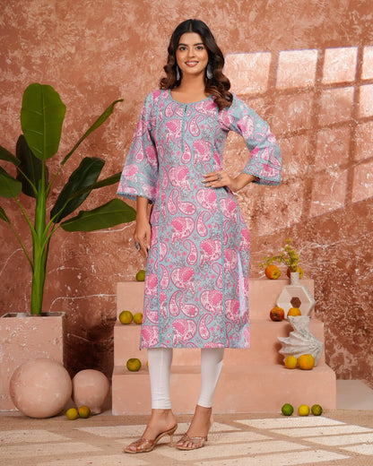 Blue Paisley Cotton Pakistani Kurti