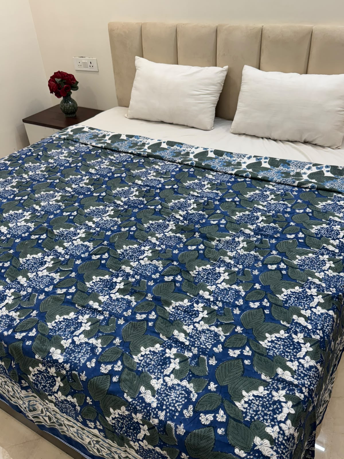 Navy Blue Ferns Double Bed Dohar