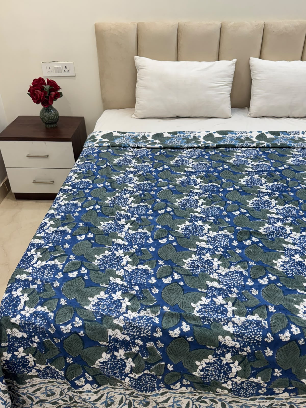 Navy Blue Ferns Double Bed Dohar