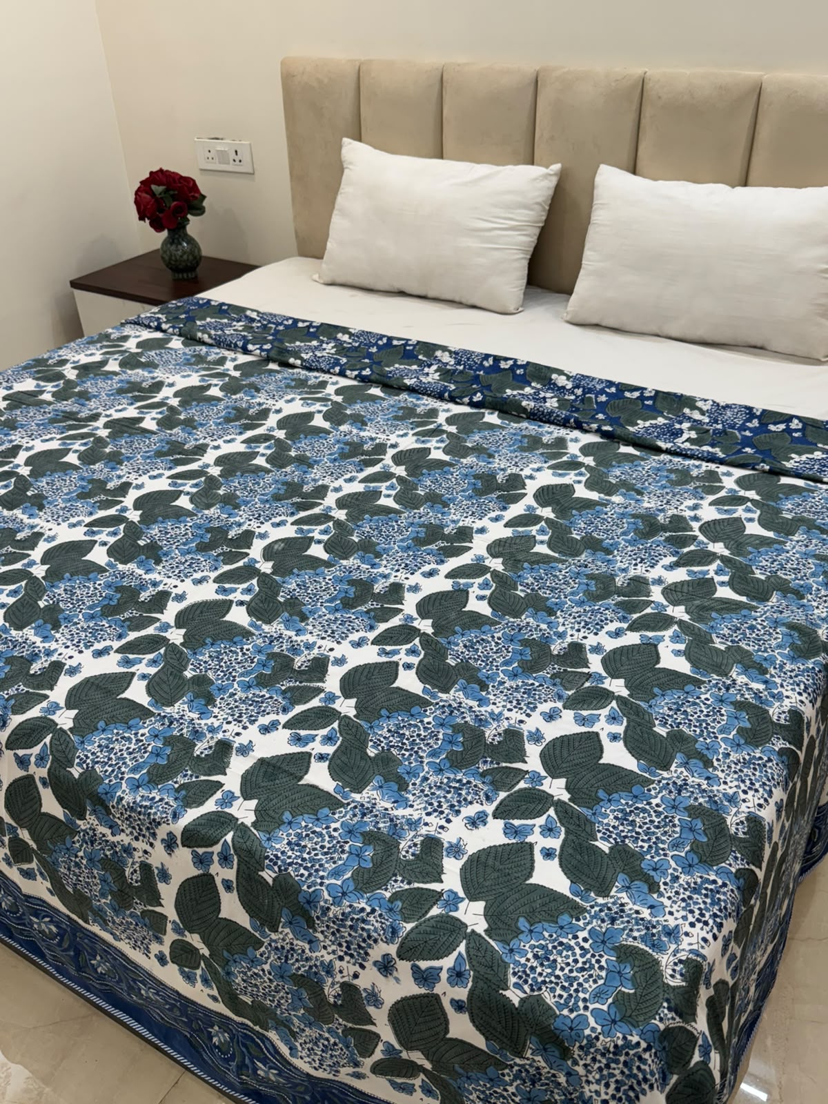 Navy Blue Ferns Double Bed Dohar