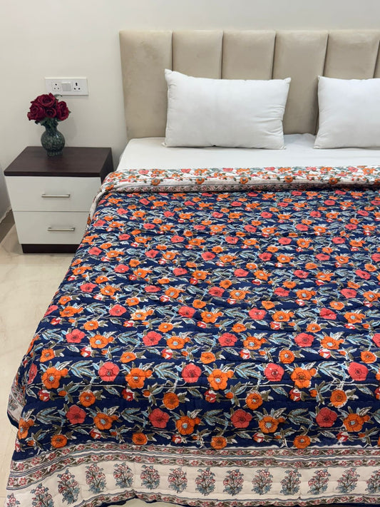 Navy Floral Dusk Reversible Double Bed Quilt