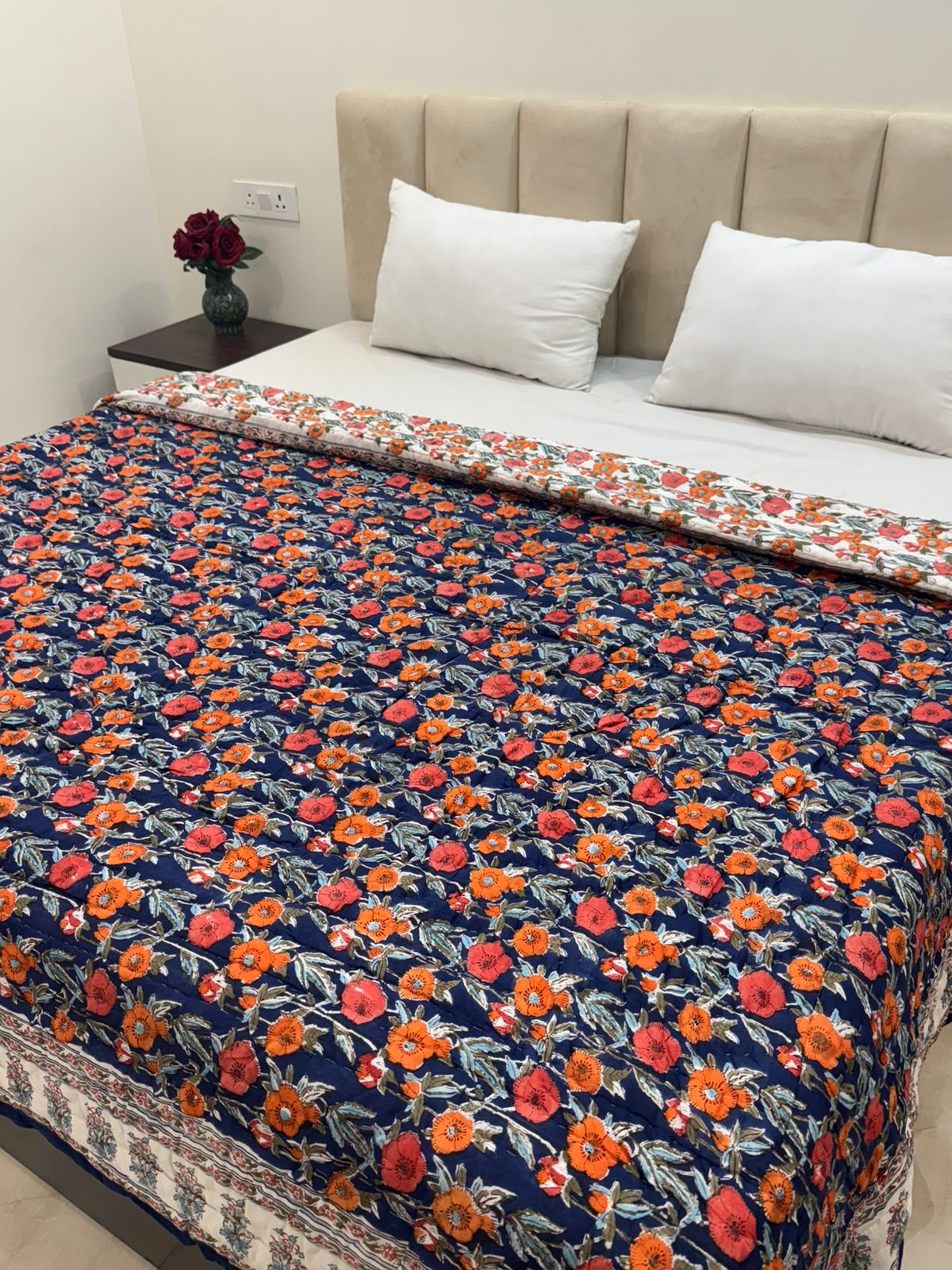 Navy Floral Dusk Reversible Double Bed Quilt