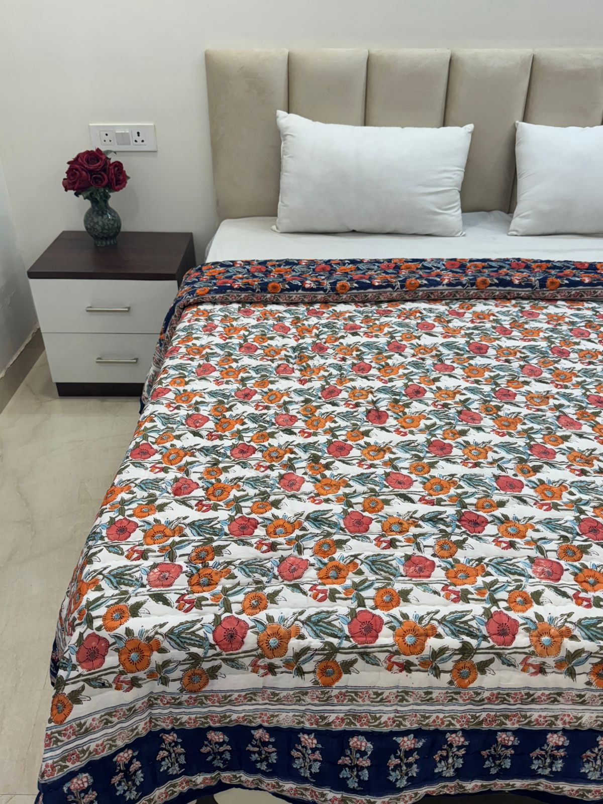 Navy Floral Dusk Reversible Double Bed Quilt