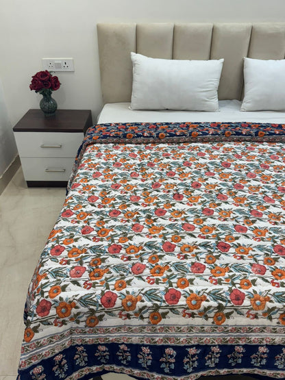 Navy Floral Dusk Reversible Double Bed Quilt