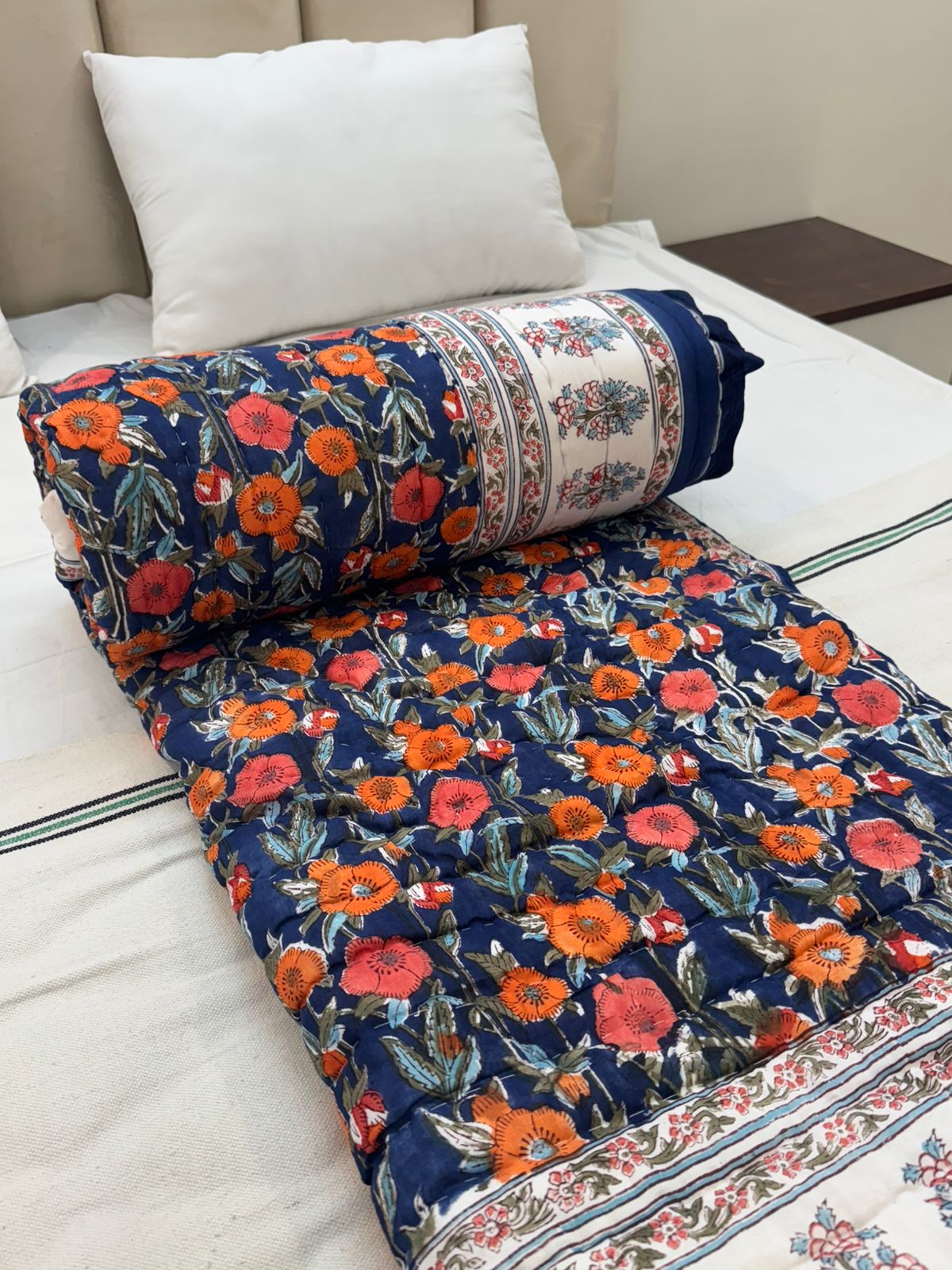 Navy Floral Dusk Reversible Double Bed Quilt