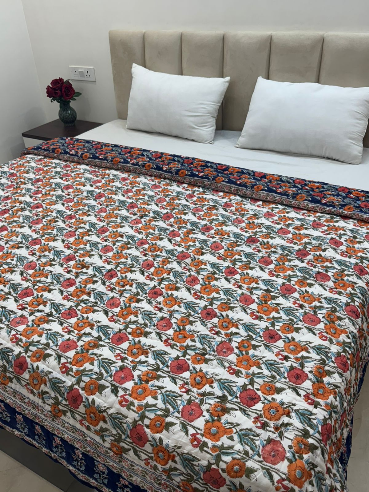Navy Floral Dusk Reversible Double Bed Quilt