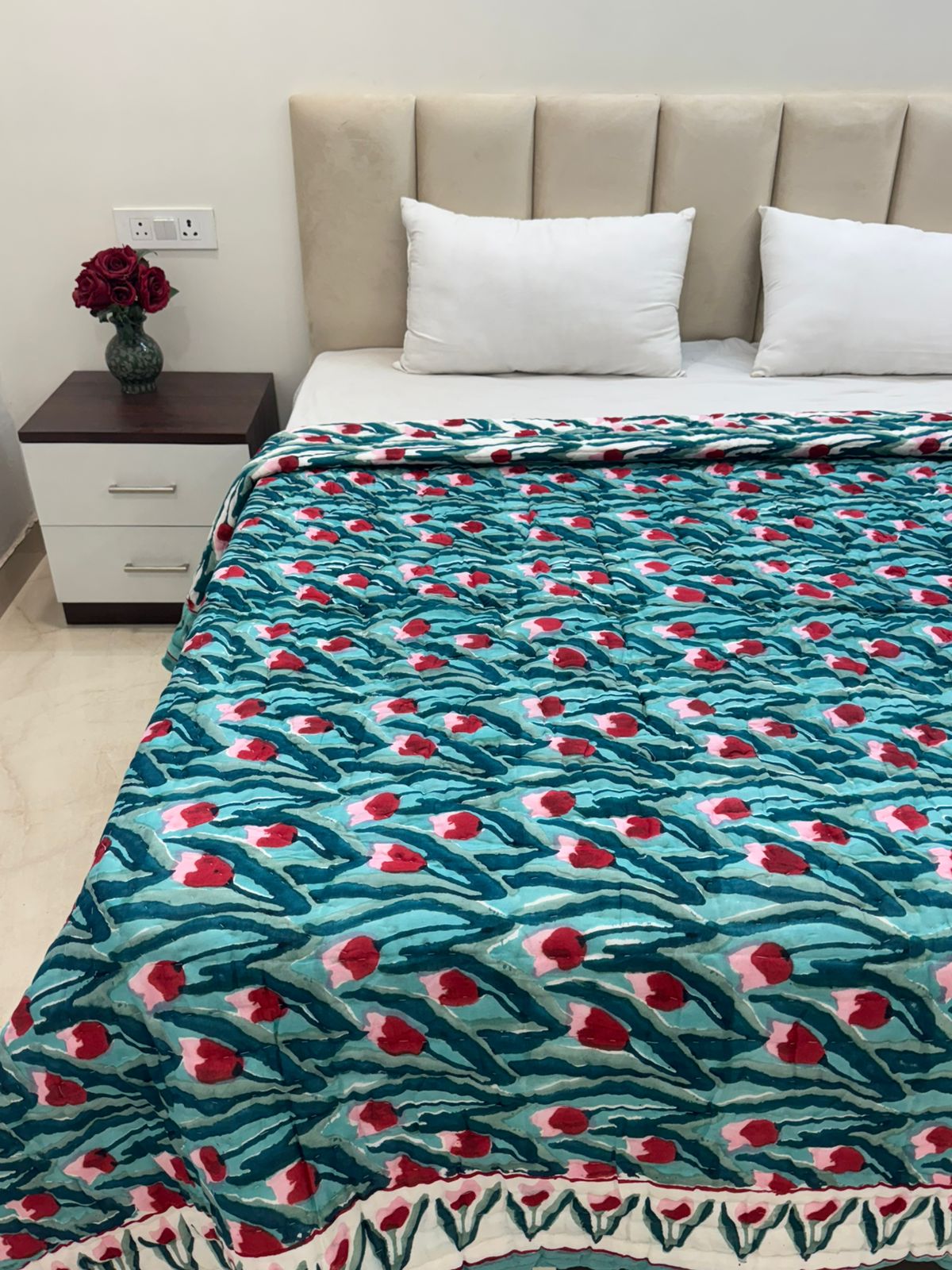 Aqua Tulips Reversible Double Bed Quilt
