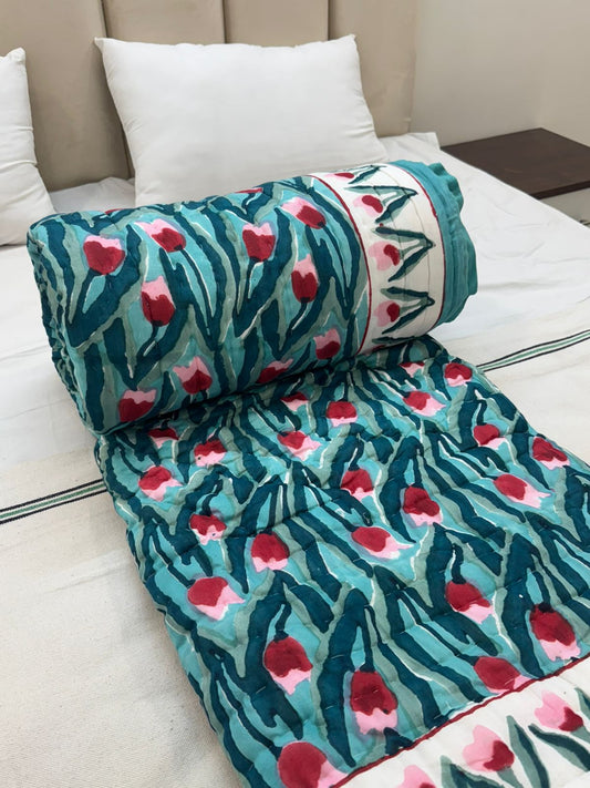 Aqua Tulips Reversible Double Bed Quilt