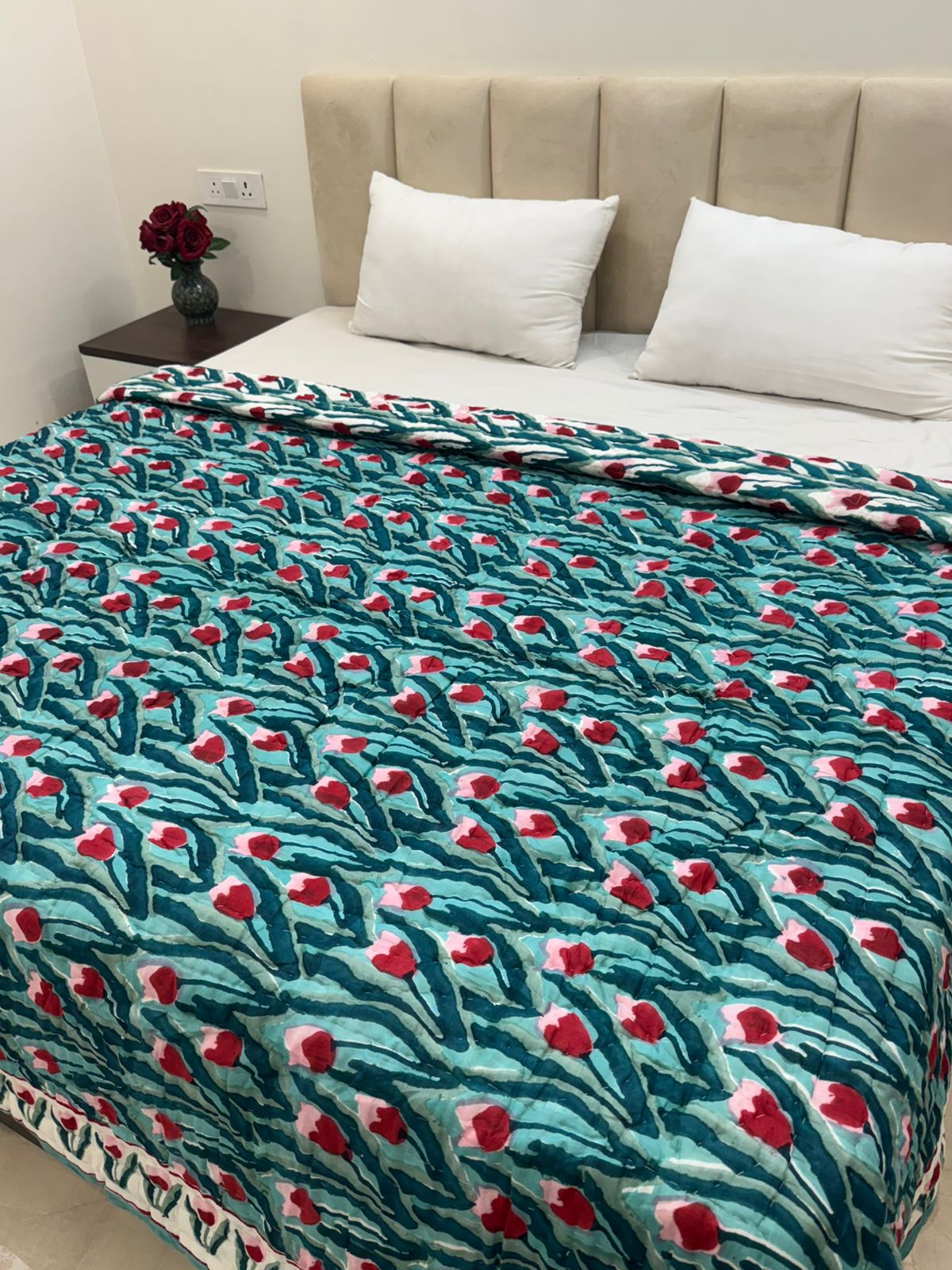 Aqua Tulips Reversible Double Bed Quilt