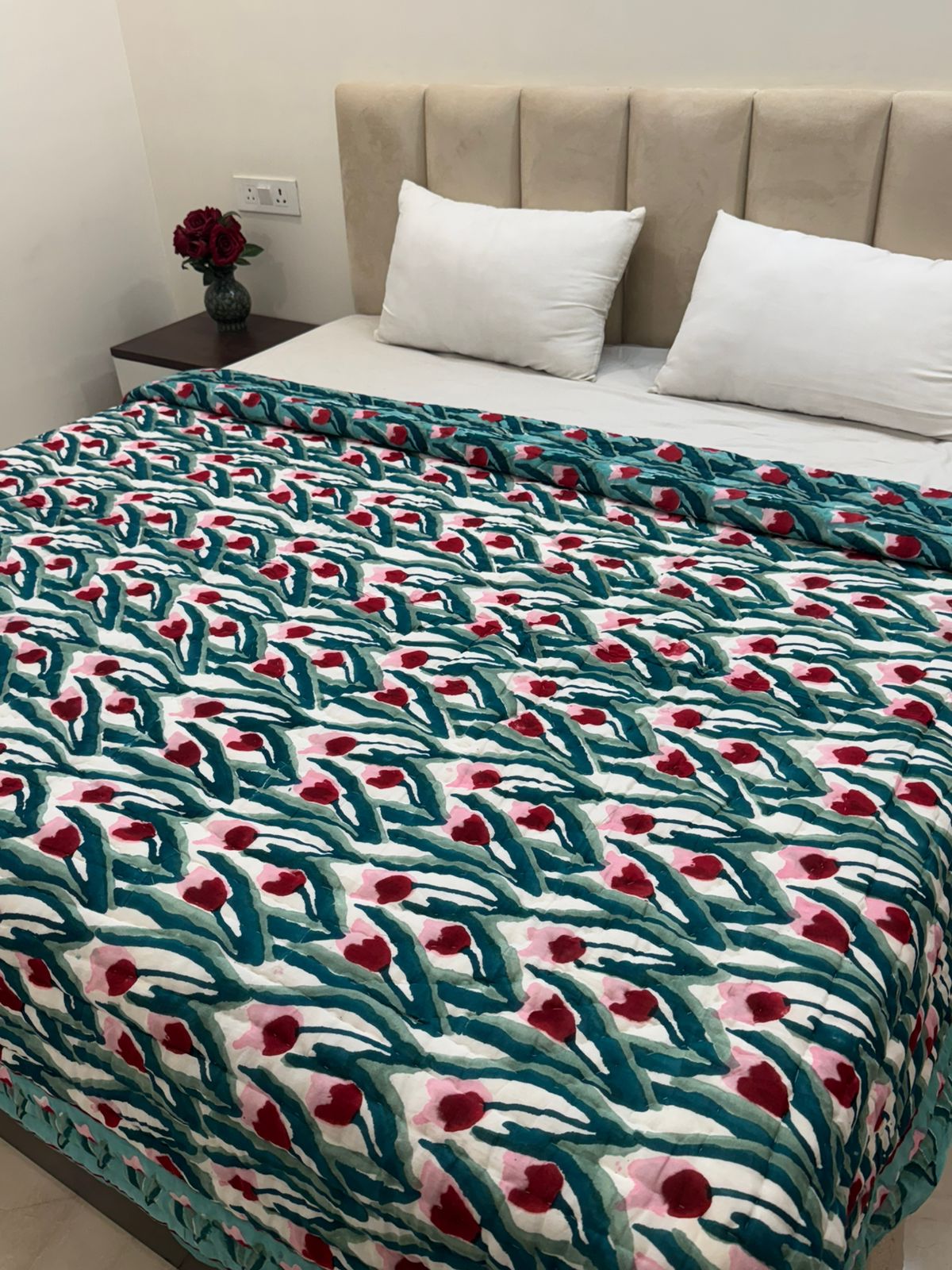 Aqua Tulips Reversible Double Bed Quilt