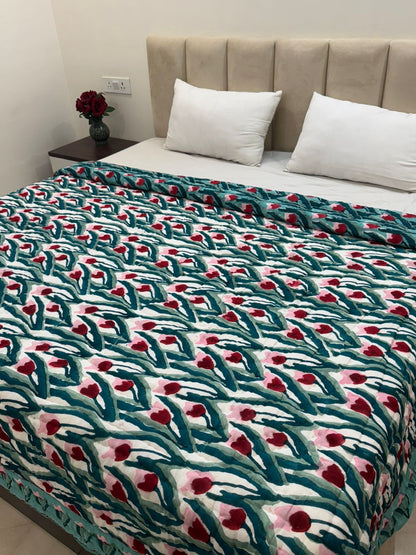 Aqua Tulips Reversible Double Bed Quilt