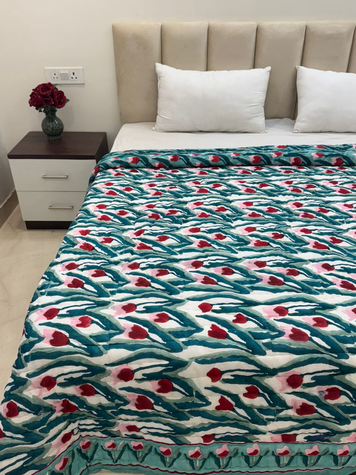 Aqua Tulips Reversible Double Bed Quilt