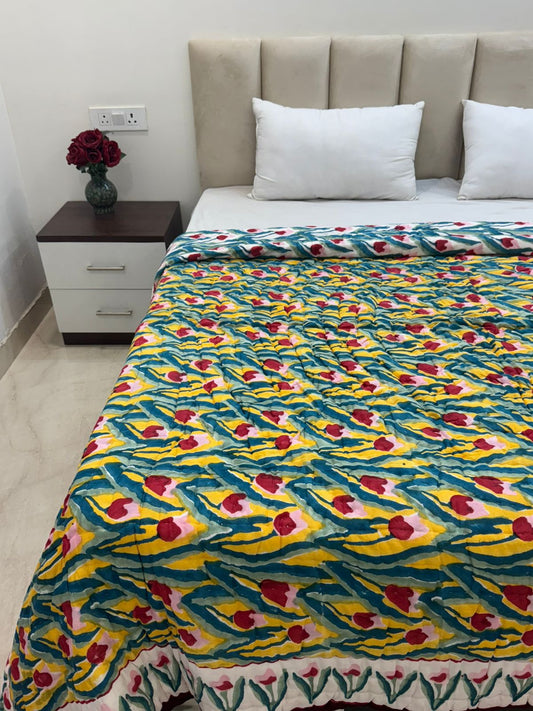Yellow Tulips Strokes Reversible Double Bed Quilt