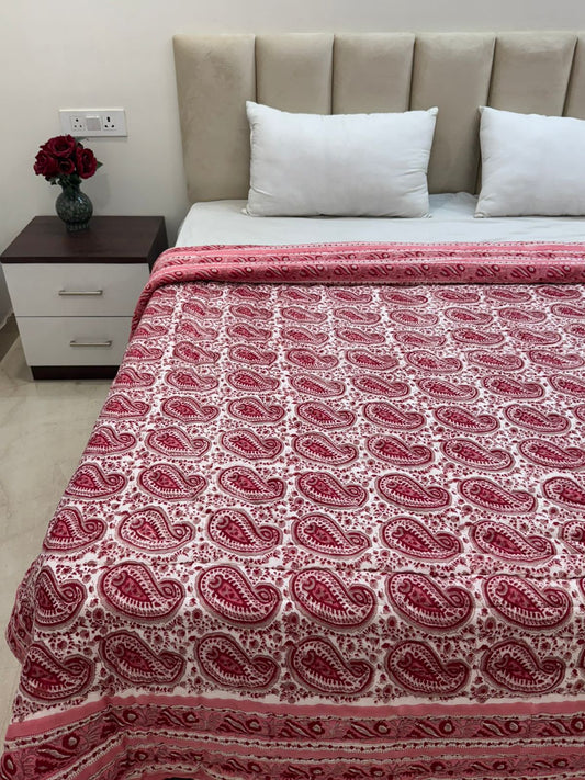 Pink Paisley Grid Reversible Double Bed Quilt