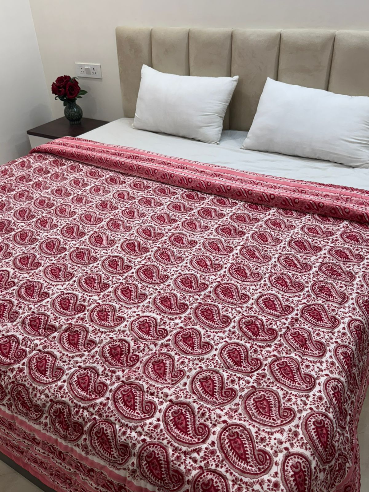 Pink Paisley Grid Reversible Double Bed Quilt