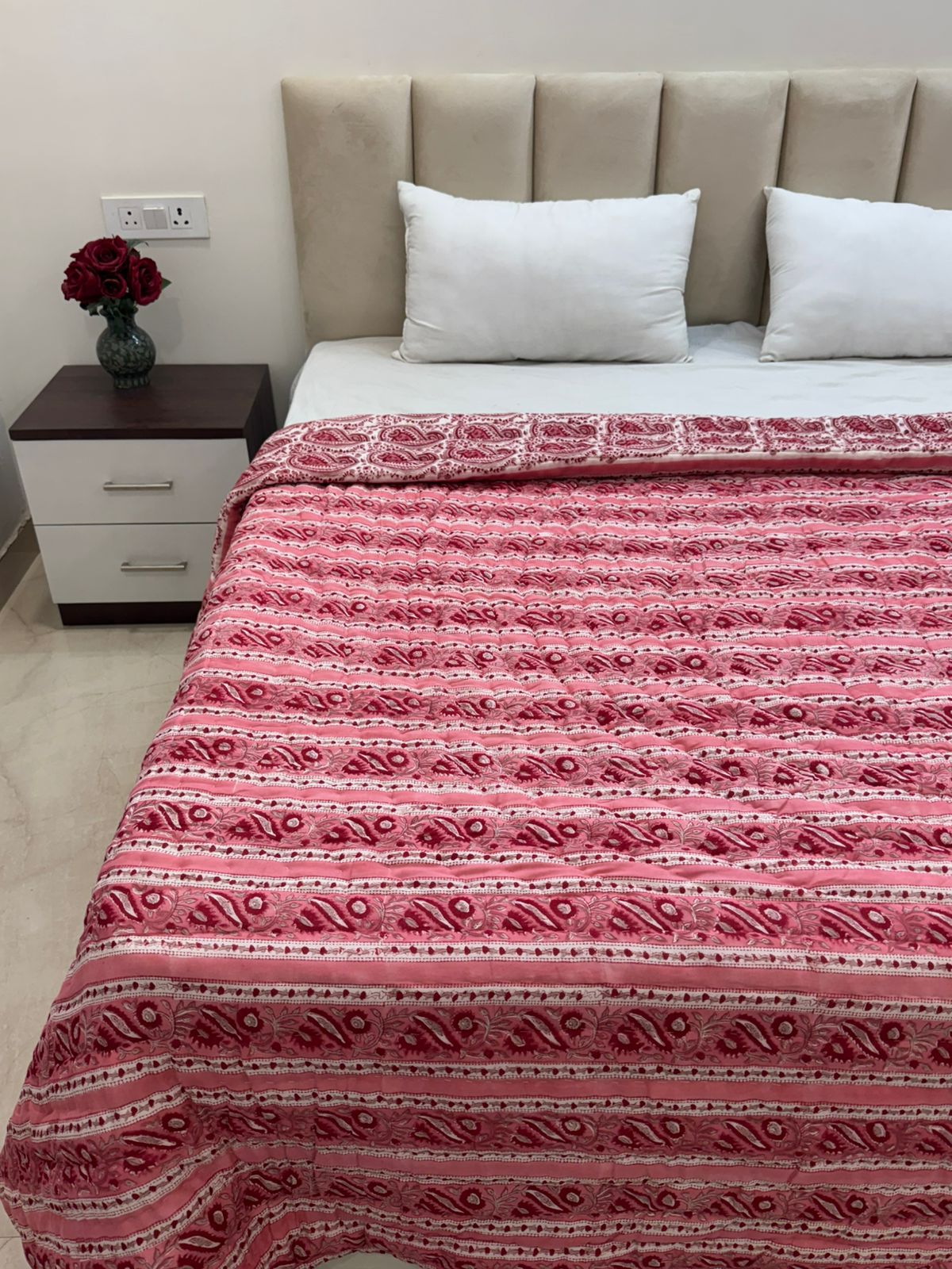 Pink Paisley Grid Reversible Double Bed Quilt