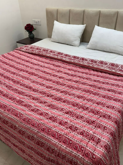 Pink Paisley Grid Reversible Double Bed Quilt