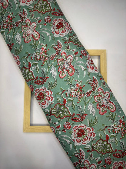Pista Green Florals Cotton Fabric