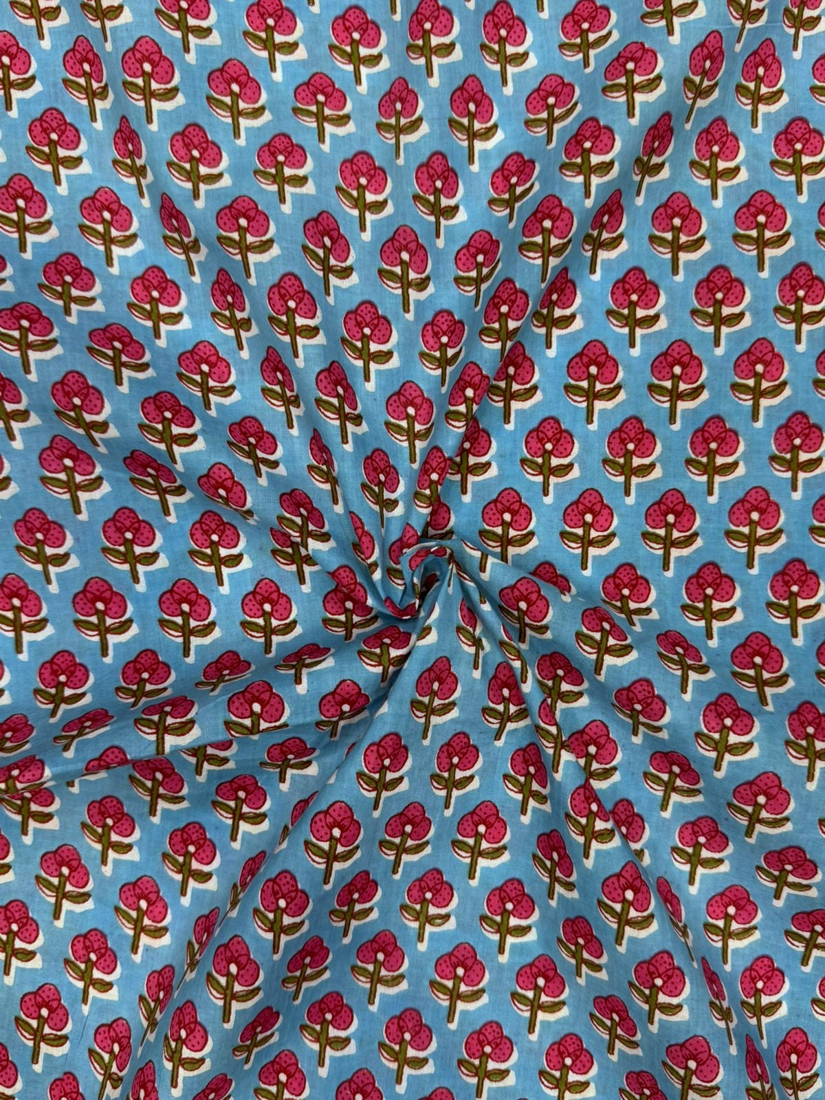 Blue Crimson Buds Cotton Fabric