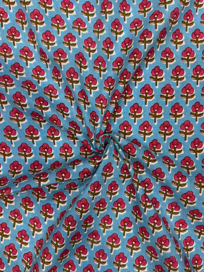 Blue Crimson Buds Cotton Fabric