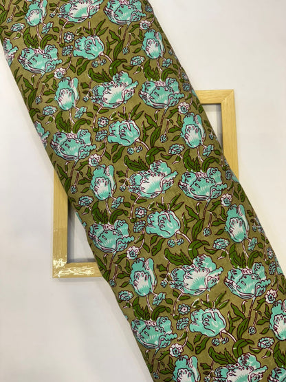 Olive Green Tulips Cotton Fabric