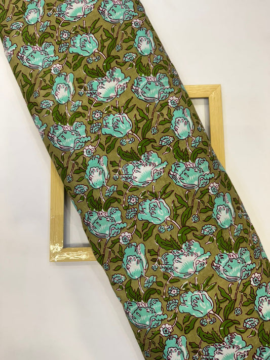 Olive Green Tulips Cotton Fabric