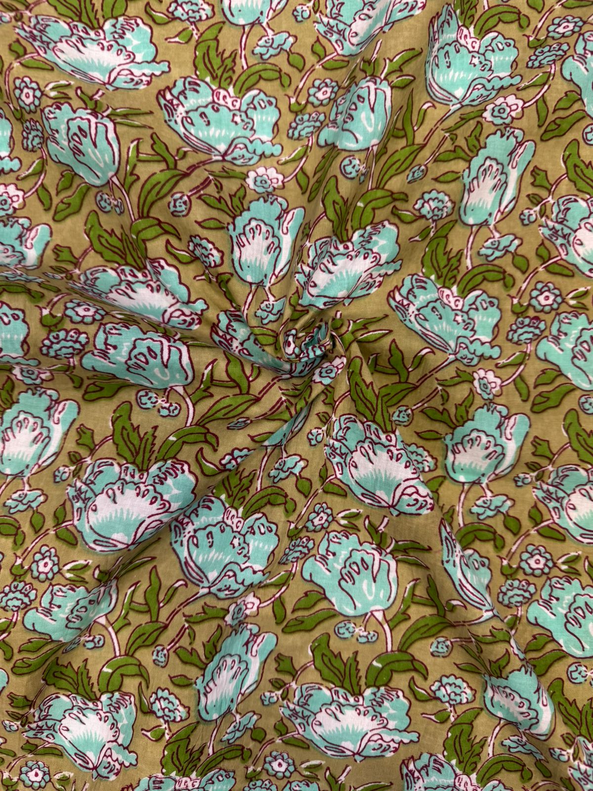 Olive Green Tulips Cotton Fabric