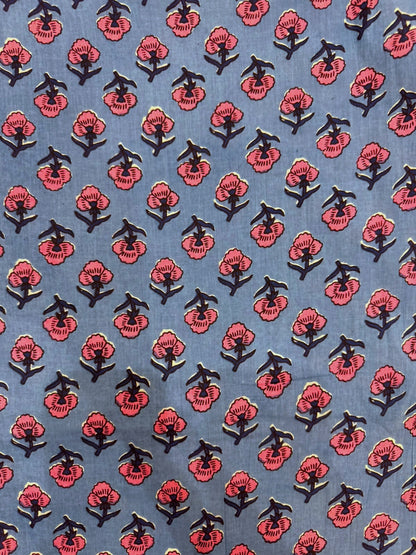 Blue Pink Buds Cotton Fabric
