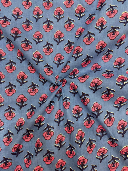 Blue Pink Buds Cotton Fabric