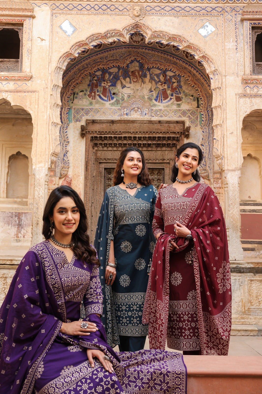 Teal Mandala Angrakha Cotton Dupatta Suit