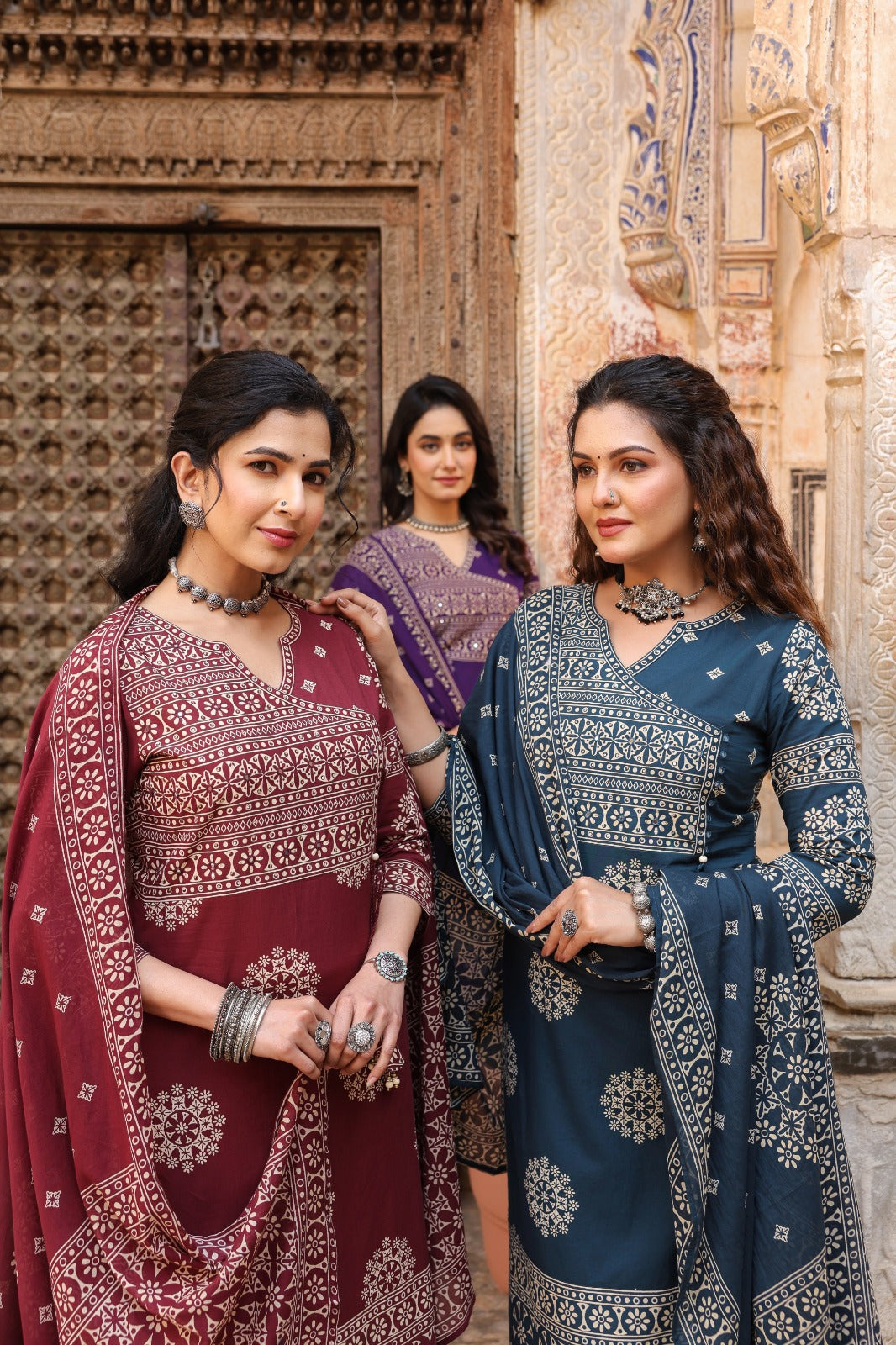 Teal Mandala Angrakha Cotton Dupatta Suit