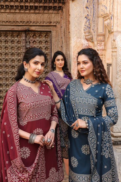 Teal Mandala Angrakha Cotton Dupatta Suit