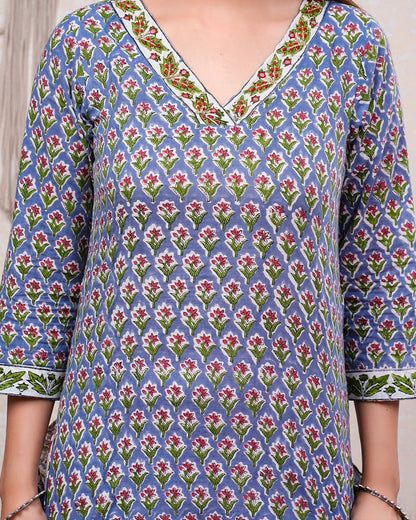 Misty Blue Booti Print Kurta Pant Set