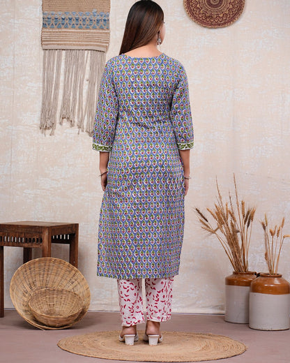 Misty Blue Booti Print Kurta Pant Set