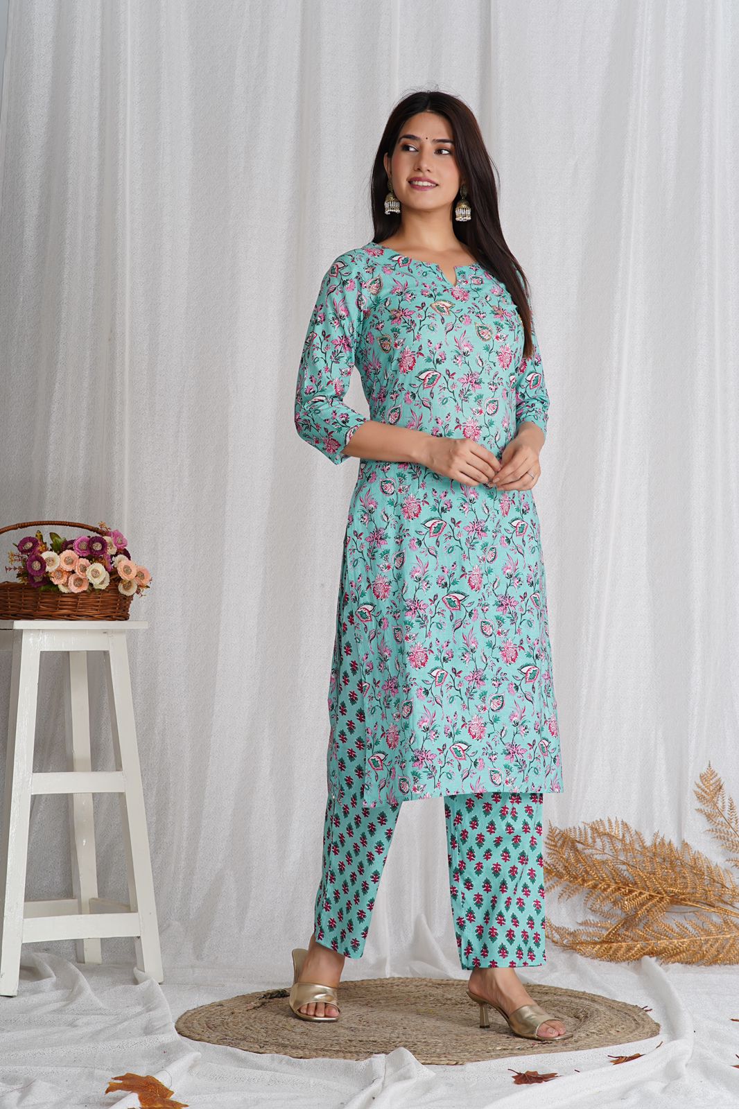 Aqua Harmony Embroidery Kurta Pant Set