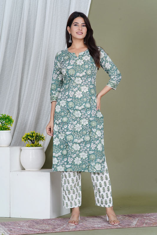 Green Blossom Embroidery Kurta Pant Set