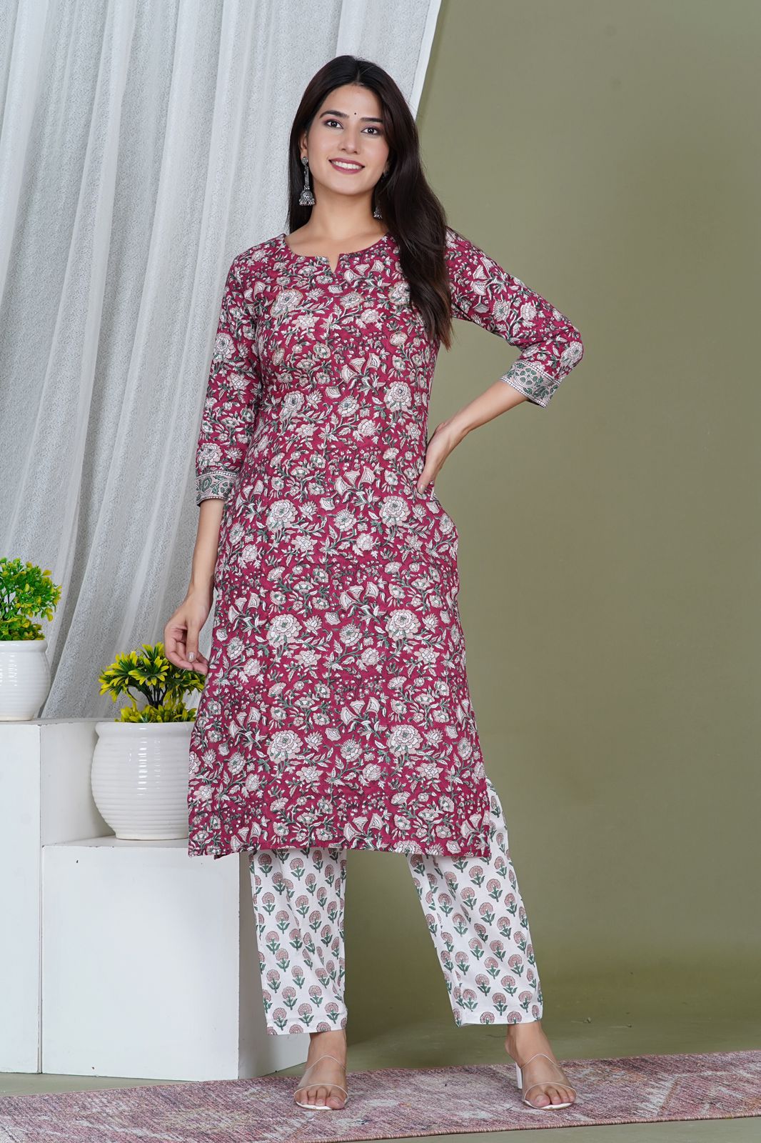 Maroon Blossom Embroidery Kurta Pant Set