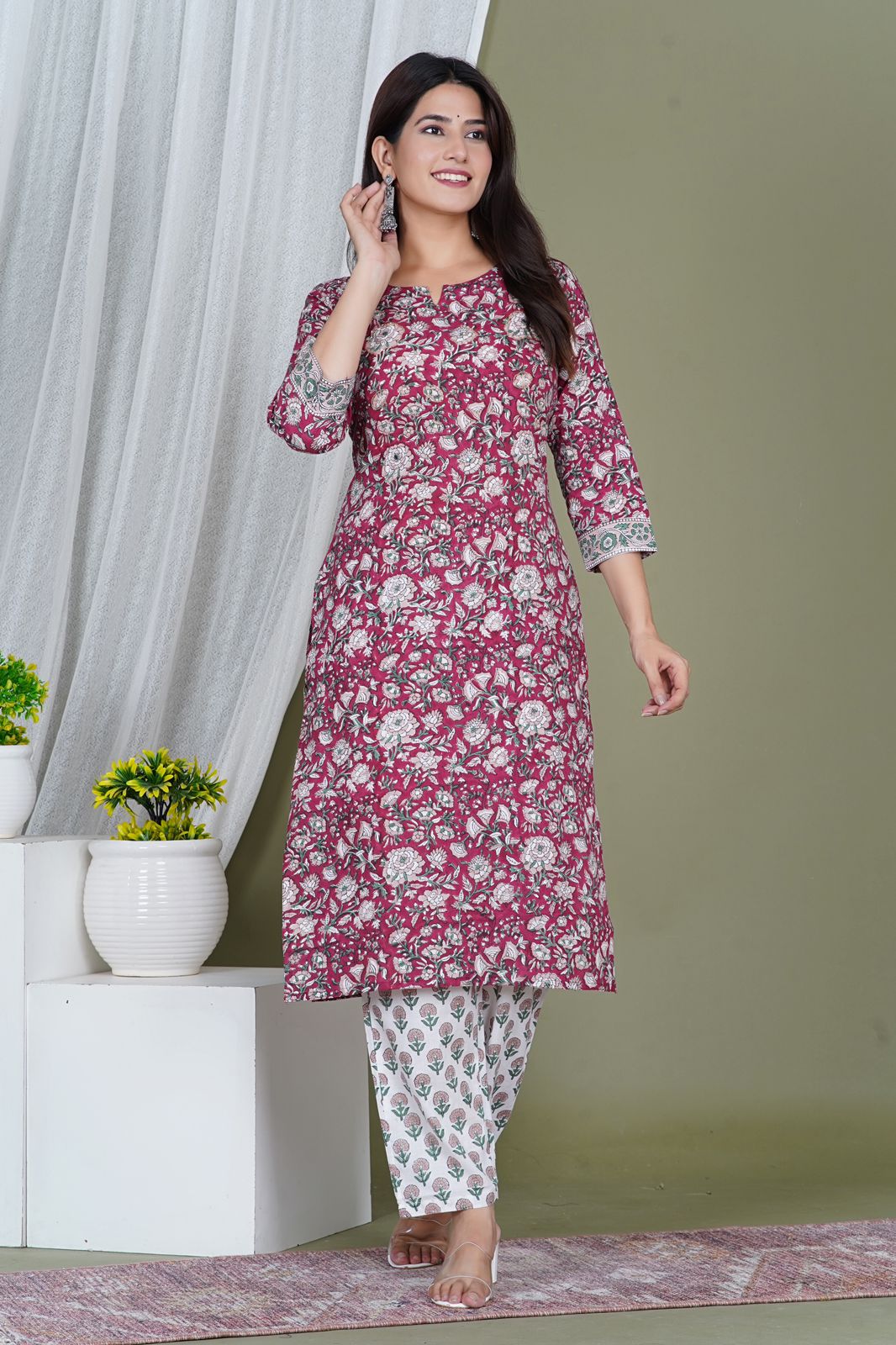 Maroon Blossom Embroidery Kurta Pant Set