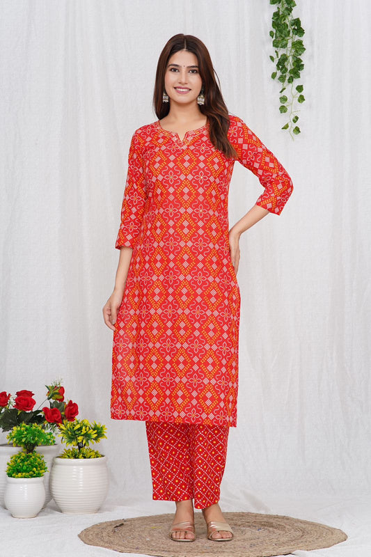 Festive Red Bandhej Kurta Pant Set