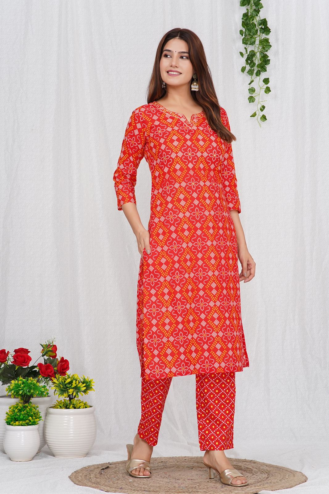 Festive Red Bandhej Kurta Pant Set