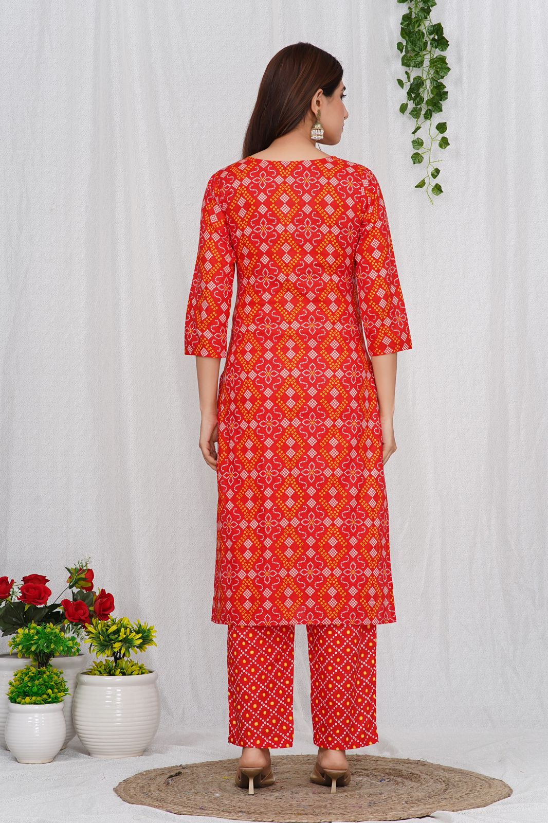 Festive Red Bandhej Kurta Pant Set