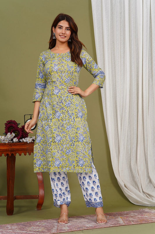 Olive Floral Grace Kurta Pant Set